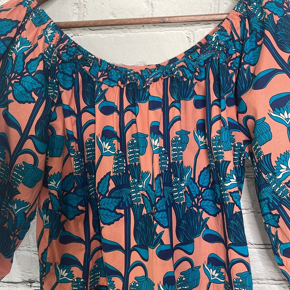 Anthropologie Blue Tassel Pink Blue Peplum Puff Sleeve Blouse Size Medium - Picture 2 of 13